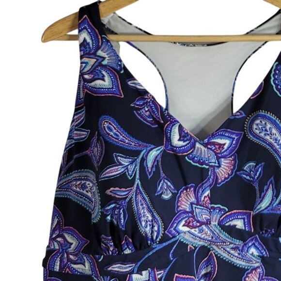 Lands' End Tankini Swim Top Blue SZ 24W Racerback Shelf Bra Paisley Flutter Hem - Picture 4 of 8